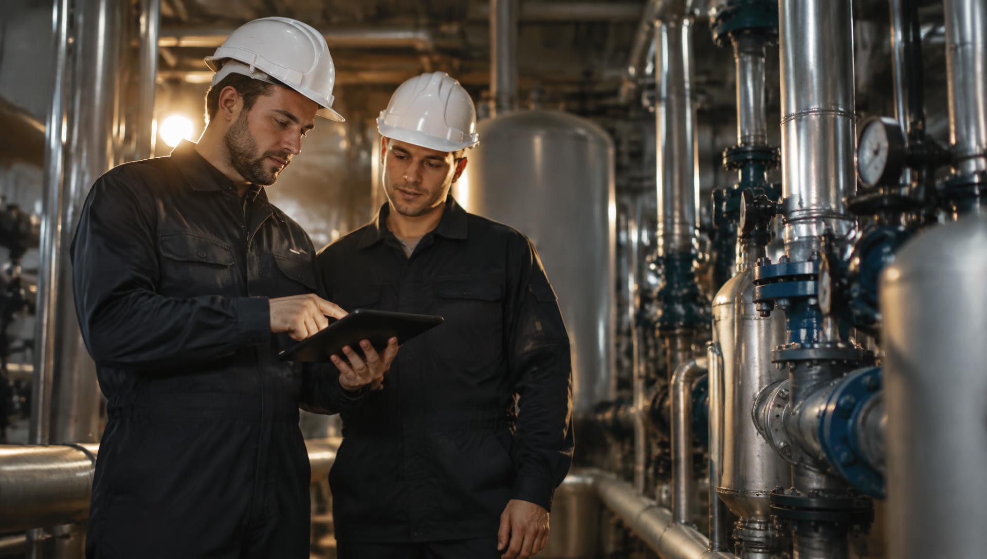 Maintenance technicians reviewing a service plan on a tablet
